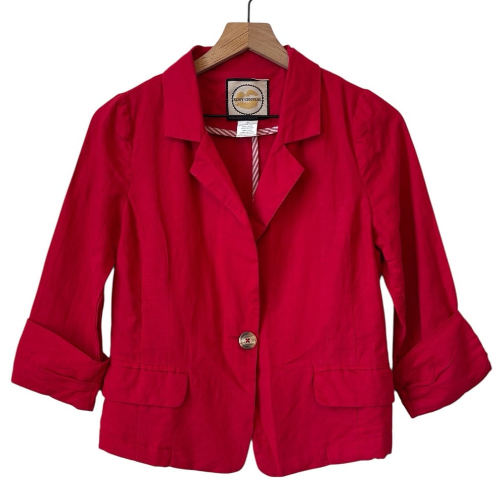 Body Central Red Linen Cotton Blend Blazer Jacket Md Ruched Sleeves Lightweight - Picture 7 of 7